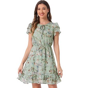 Women's Ruffled Sleeve Self-Tie V Neck Above Knee Chiffon Floral Ruffle Dress