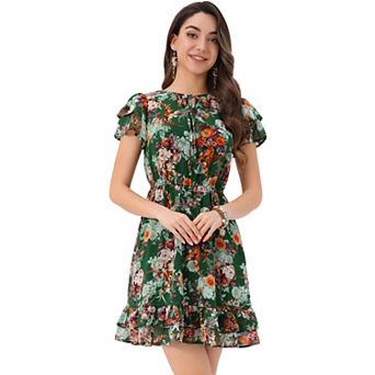 Women's Ruffled Sleeve Self-Tie V Neck Above Knee Chiffon Floral Ruffle Dress