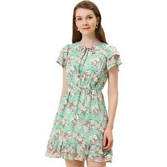 Women's Ruffled Sleeve Self-tie V Neck Above Knee Chiffon Floral Ruffle Dress