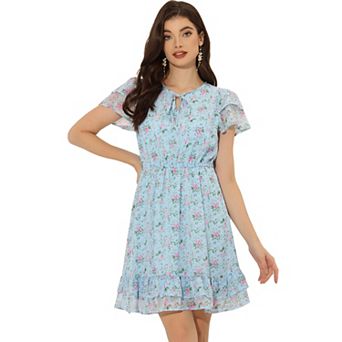 Women's Ruffled Sleeve Self-Tie V Neck Above Knee Chiffon Floral Ruffle Dress