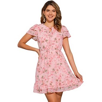 Women's Ruffled Sleeve Self-Tie V Neck Above Knee Chiffon Floral Ruffle Dress