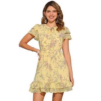 Women's Ruffled Sleeve Self-tie V Neck Above Knee Chiffon Floral Ruffle Dress