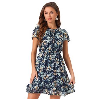 Women's Ruffled Sleeve Self-tie V Neck Above Knee Chiffon Floral Ruffle Dress