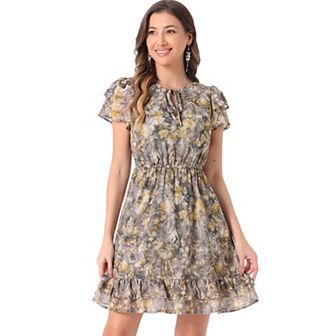Women's Ruffled Sleeve Self-tie V Neck Above Knee Chiffon Floral Ruffle Dress