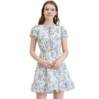 Women's Ruffled Sleeve Self-tie V Neck Above Knee Chiffon Floral Ruffle Dress