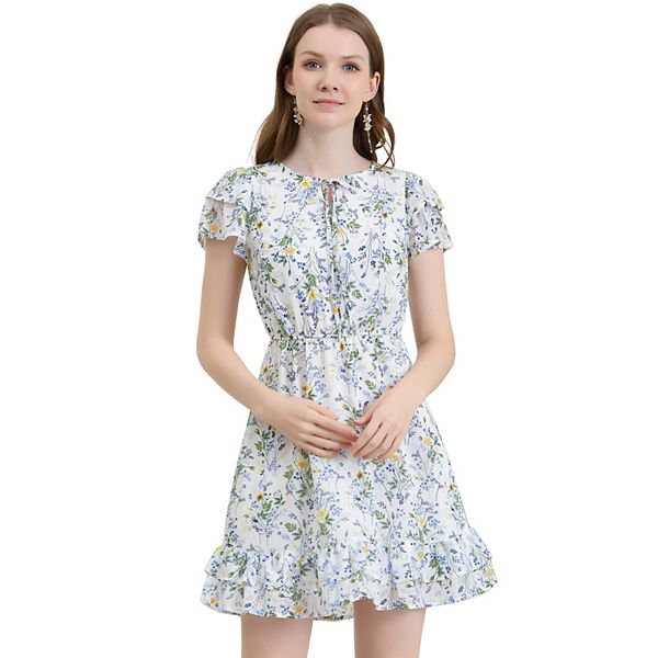 Printed V-neck Tie Ruffle Dress