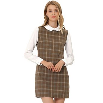 Women's Peter Pan Collar Long Sleeve Check Shift Dress