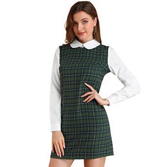 Women's Peter Pan Collar Long Sleeve Check Shift Dress
