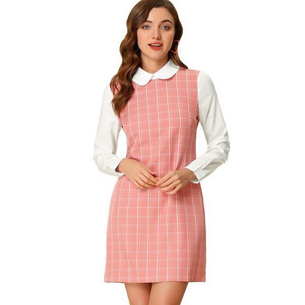 Women's Peter Pan Collar Long Sleeve Check Shift Dress