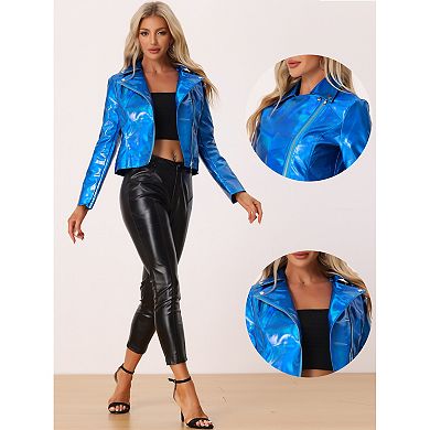 Women's Holographic Shiny Zipper Biker Metallic Jackets