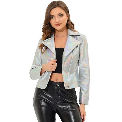 Allegra K Women s Metallic Biker Holographic Shiny Jackets Silver XX Large