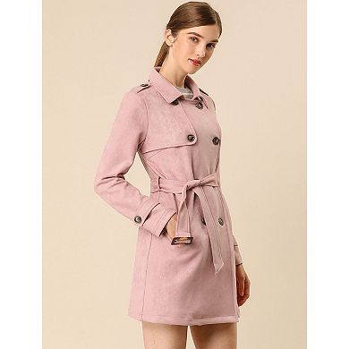 Women's Notched Lapel Double Breasted Faux Suede Trenchcoat