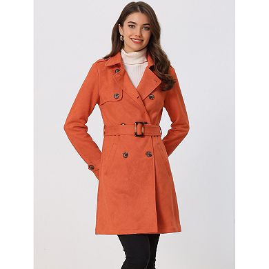 Women's Notched Lapel Double Breasted Faux Suede Trenchcoat