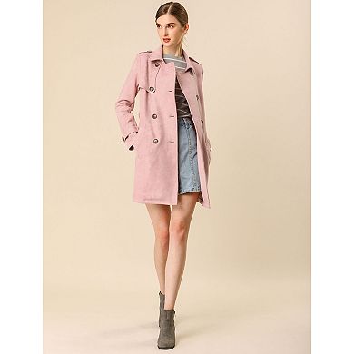 Women's Notched Lapel Double Breasted Faux Suede Trenchcoat