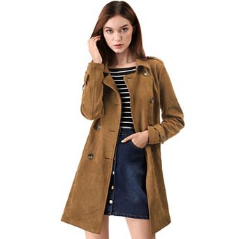 Women's Notched Lapel Double Breasted Faux Suede Trenchcoat