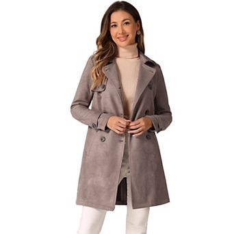 Women's Notched Lapel Double Breasted Faux Suede Trenchcoat
