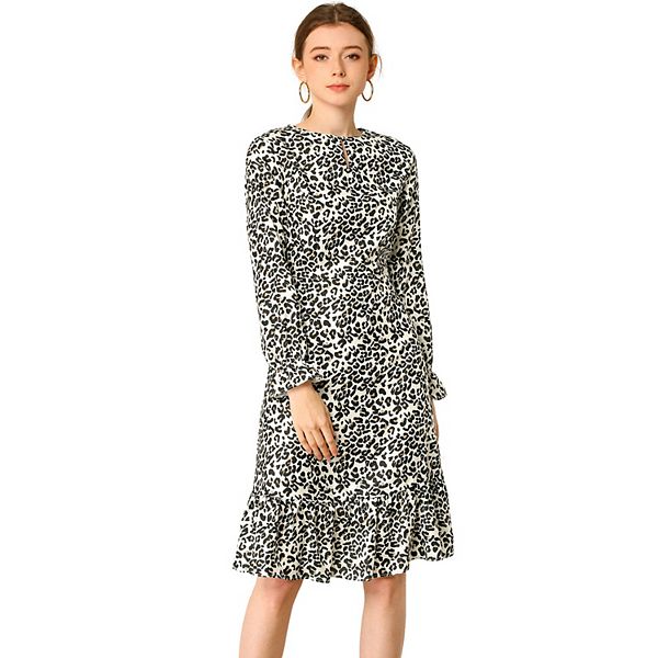 Women's Leopard Long Sleeves Keyhole Neck Ruffle Hem Dresses