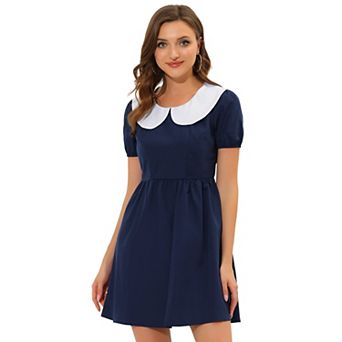 Women's Contrast Peter Pan Collar Puffy Sleeve Fit And Flare Above Knee Dress