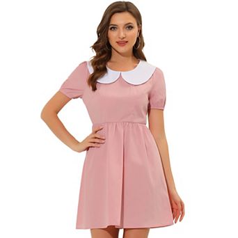 Women's Contrast Peter Pan Collar Puffy Sleeve Fit and Flare Above Knee Dress