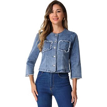 Denim Crop Jacket For Women's Round Neck 3/4 Sleeves Frayed Casual Jean Jacket