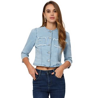 Denim Crop Jacket For Women's Round Neck 3/4 Sleeves Frayed Casual Jean Jacket