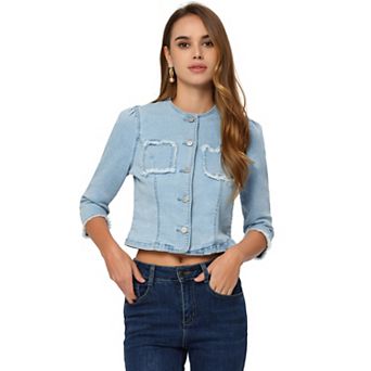 Denim Crop Jacket For Women's Round Neck 3/4 Sleeves Frayed Casual Jean Jacket