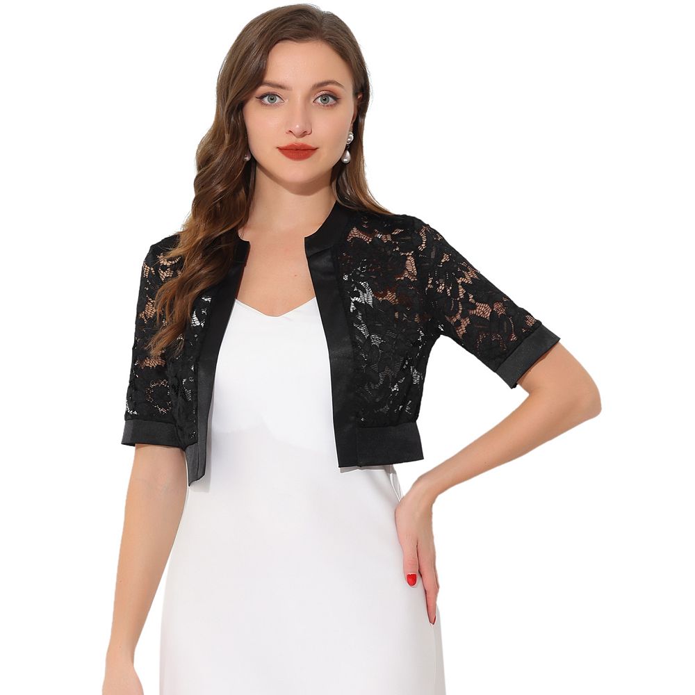 Lace Shrug Bolero for Women's Satin Panel Open Front Crop