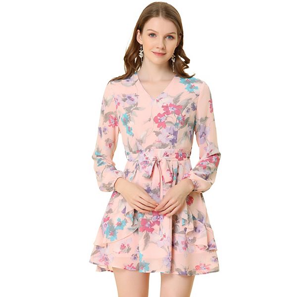 Women's Floral Print V Neck Ruffle Front Casual A-Line Dress