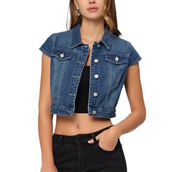 Women's Summer Denim Jackets Button Down Short Sleeve Cropped Jean Jacket