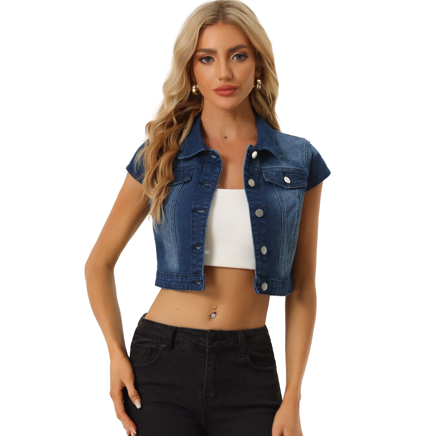 LifeShe Women's Short Denim Jacket Round Neck Denim Jacket Button Down