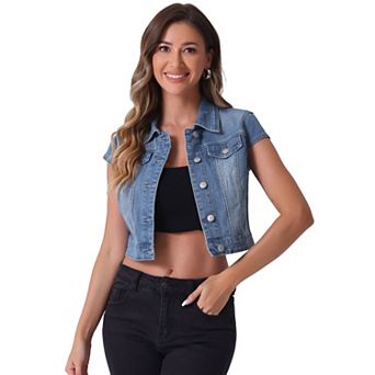 Women's Summer Denim Jackets Button Down Short Sleeve Cropped Jean Jacket