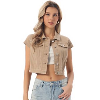Women's Summer Denim Jackets Button Down Short Sleeve Cropped Jean Jacket