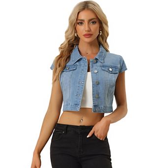 Women's Summer Denim Jackets Button Down Short Sleeve Cropped Jean Jacket