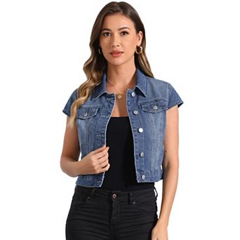 Women's Summer Denim Jackets Button Down Short Sleeve Cropped Jean Jacket