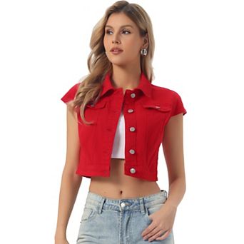 Women's Summer Denim Jackets Button Down Short Sleeve Cropped Jean Jacket