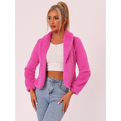 Women's Notched Lapel Long Sleeves Open Front Fleece Cropped Coat