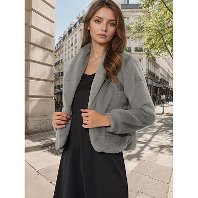 Women's Notched Lapel Long Sleeves Open Front Fleece Cropped Coat