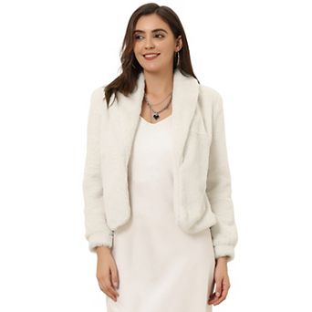 Women's Notched Lapel Long Sleeves Open Front Fleece Cropped Coat