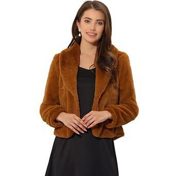 Women's Notched Lapel Long Sleeves Open Front Fleece Cropped Coat