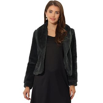 Women's Notched Lapel Long Sleeves Open Front Fleece Cropped Coat