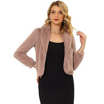 Women's Notched Lapel Long Sleeves Open Front Fleece Cropped Coat