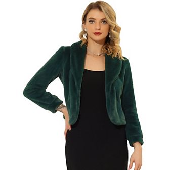 Women's Notched Lapel Long Sleeves Open Front Fleece Cropped Coat