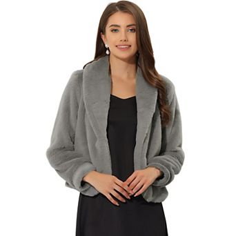 Women's Notched Lapel Long Sleeves Open Front Fleece Cropped Coat