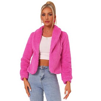 Women's Notched Lapel Long Sleeves Open Front Fleece Cropped Coat