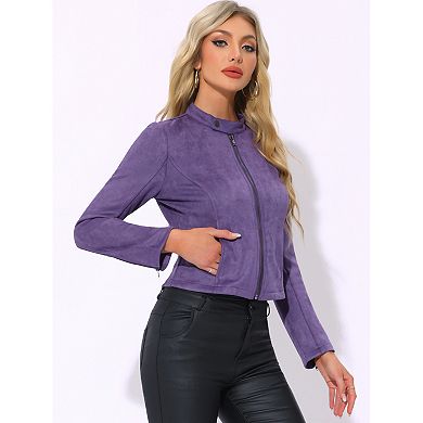 Women's Faux Suede Stand Collar Zip up Cropped Motorcycle Jacket