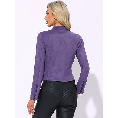 Women's Faux Suede Stand Collar Zip up Cropped Motorcycle Jacket