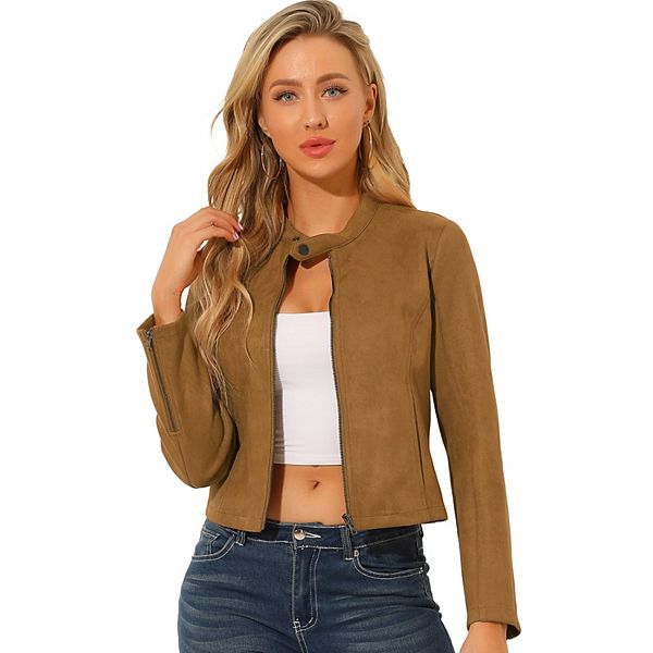 Women s Faux Suede Stand Collar Zip up Cropped Motorcycle Jacket