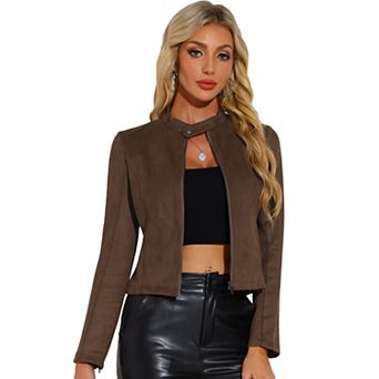 Women's Faux Suede Stand Collar Zip Up Cropped Motorcycle Jacket