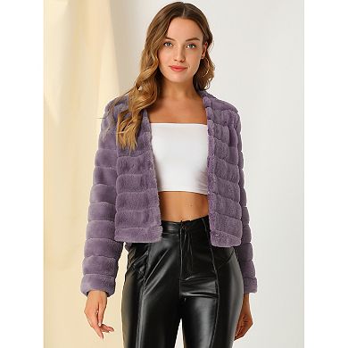 Women's Long Sleeve Solid Color Collarless Shaggy Soft Faux Fur Coat