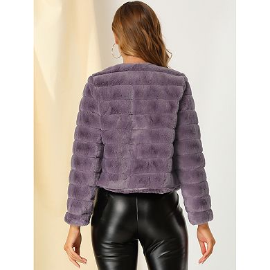 Women's Long Sleeve Solid Color Collarless Shaggy Soft Faux Fur Coat